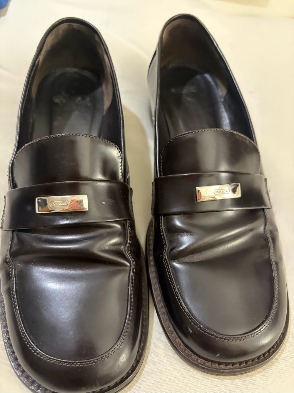Coach Dark Brown Leather Women's Penny Loafers with Silver Plaque